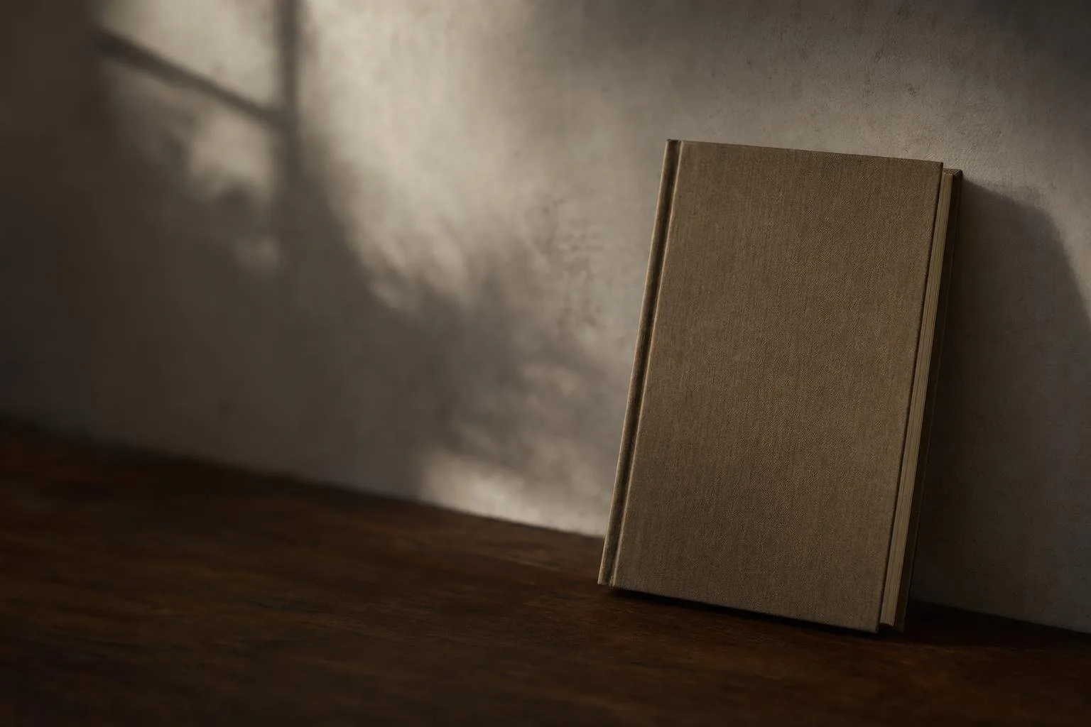 Hardcover book cover resting against a plain wall